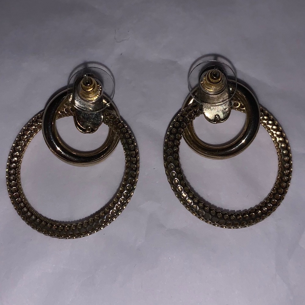 Vintage Gold Tone Double Hoop Drop Earrings Textured Mesh Statement Jewelry Mens - Picture 2 of 2